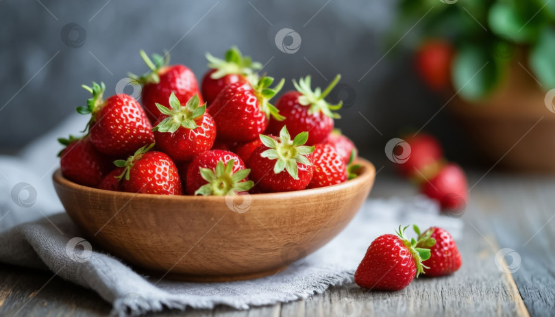 Скачать Спелая клубника в деревянной миске. фотосток Ozero