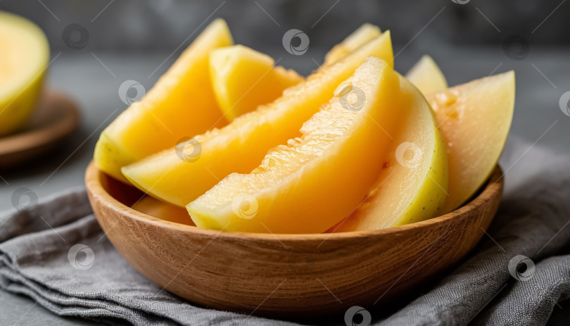 Скачать Ломтики спелой дыни выложить в деревянную миску. фотосток Ozero