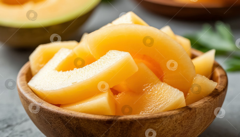 Скачать Ломтики спелой дыни выложить в деревянную миску. фотосток Ozero
