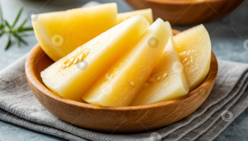 Скачать Ломтики спелой дыни выложить в деревянную миску. фотосток Ozero