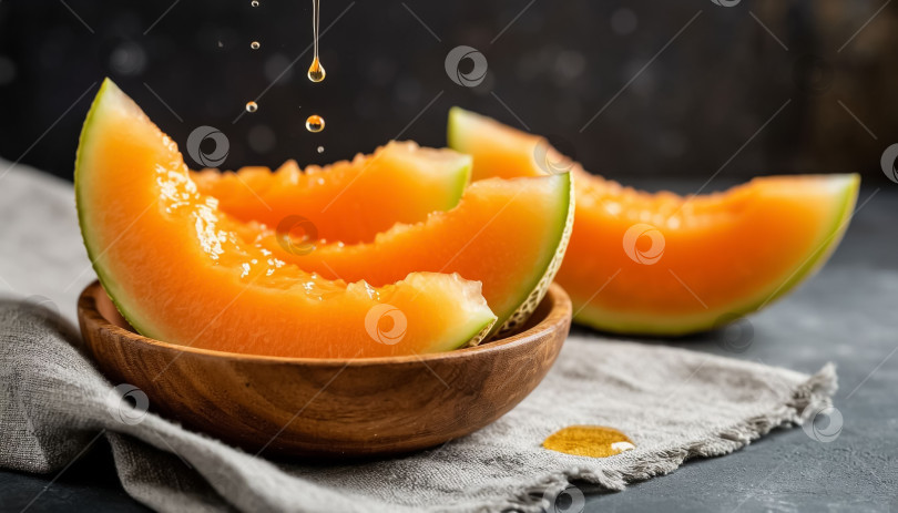 Скачать Ломтики спелой дыни выложить в деревянную миску. фотосток Ozero