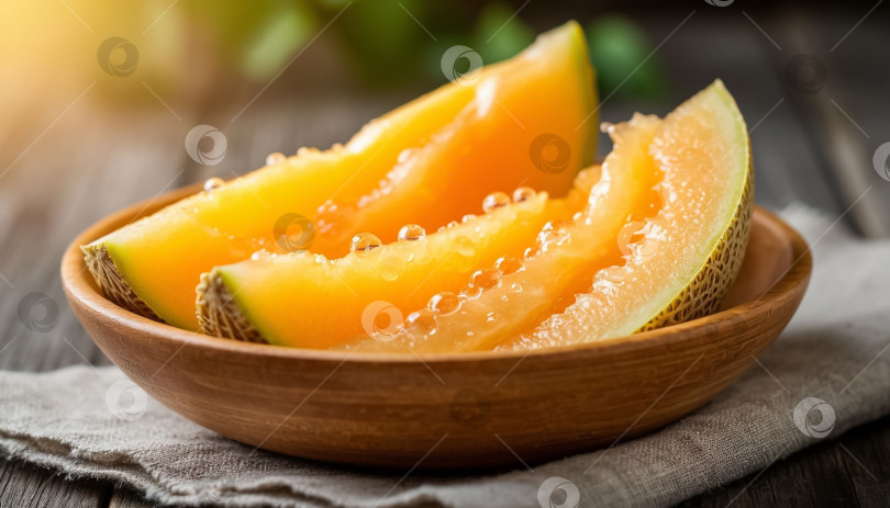 Скачать Ломтики спелой дыни выложить в деревянную миску. фотосток Ozero
