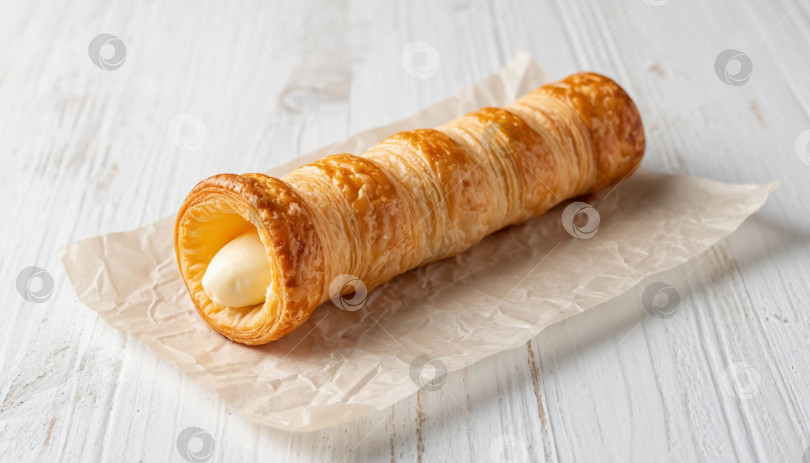 Скачать Кремовый трубчатый торт на белом деревянном фоне фотосток Ozero