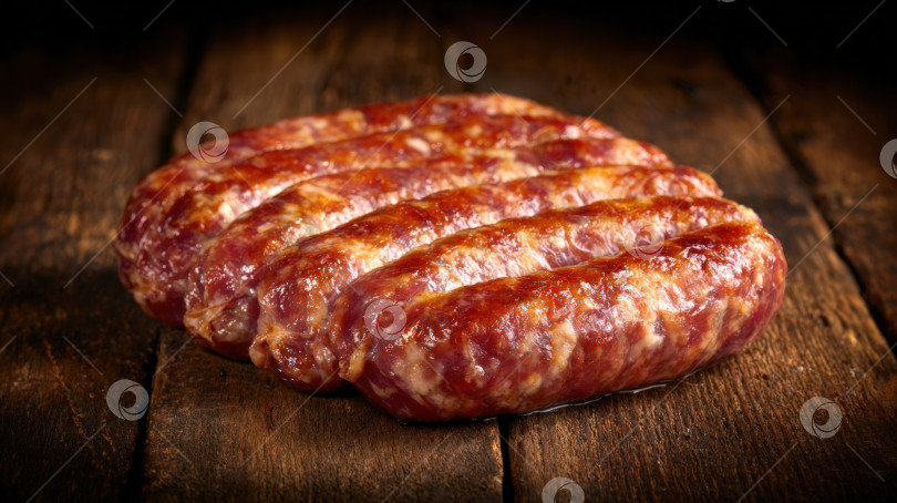 Скачать Сочные колбаски, разложенные на деревянной поверхности в деревенском стиле, с богатой текстурой и аппетитными цветами, идеально подходят для кулинарных презентаций и фуд-фотосъемки. фотосток Ozero