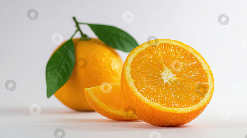 Скачать Свежие апельсиновые фрукты яркого оранжевого цвета, нарезанные сочными дольками, окруженные зелеными листьями, демонстрируют природную красоту и здоровый образ жизни. фотосток Ozero