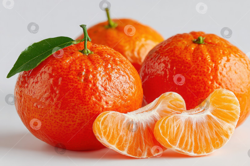 Скачать Свежие, яркие апельсины с глянцевой кожурой и зелеными листьями, демонстрирующие сочные дольки, разрезанные на дольки, подчеркивающие естественную красоту и свежесть цитрусовых в чистом виде фотосток Ozero