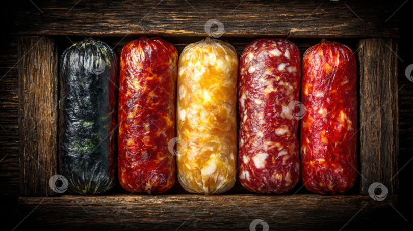 Скачать Разнообразные колбаски для гурманов, разложенные на деревянном подносе в деревенском стиле, отличаются яркими цветами и текстурой и идеально подходят для кулинарных презентаций и фуд-фотосъемки фотосток Ozero