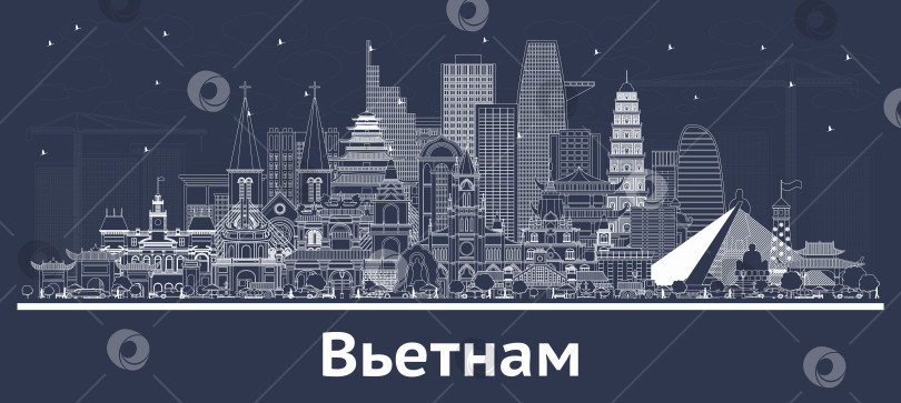 Скачать Вьетнам. Контурный городской пейзаж с белыми зданиями. Иллюстрация. Панорама города с достопримечательностями. Историческая архитектура. Туристическая концепция. фотосток Ozero