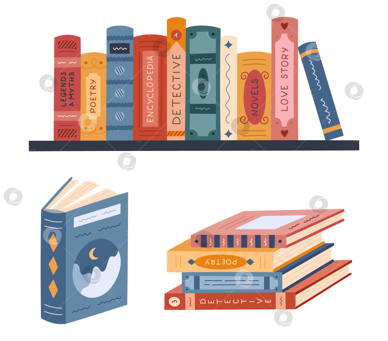 Скачать Прекрасный мультяшный набор с клипартом для чтения. Книжный шкаф с книгами разных жанров, стопка литературы в живописных обложках. Нарисованный от руки библиотечный клипарт для знаний, выделенный на белом фоне. фотосток Ozero