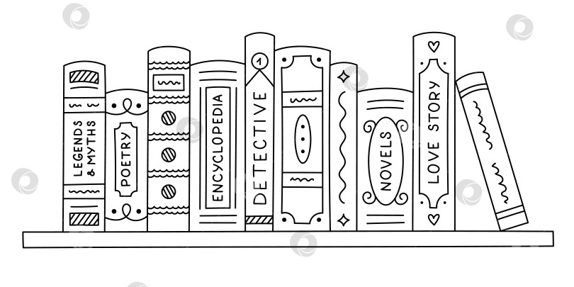 Скачать Прекрасный книжный шкаф с книгами разных жанров. Длинная книжная полка с художественной литературой, энциклопедиями, поэзией, любовными романами, детективами, новеллами, легендами и мифами. Каракули с надписью на белом фоне фотосток Ozero