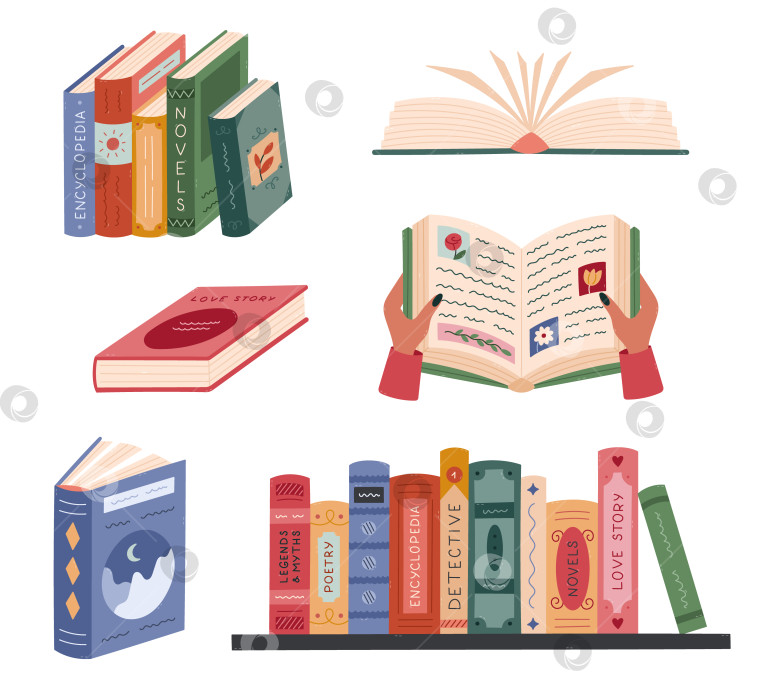 Скачать Прекрасный мультяшный набор с книжным магазином, литературный клипарт. Модная рисованная поэзия, энциклопедия, детектив, легенды и мифы на книжной полке, открытые книги. Значок библиотеки на белом фоне. фотосток Ozero