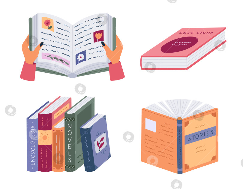 Скачать Прекрасный мультяшный набор с открытой книгой в руках, с картинками, абзацами, историей любви, художественной литературой, расположенными в ряд. Нарисованная от руки концепция "Назад в школу" для чтения, изучения, выделенная на белом фоне. фотосток Ozero