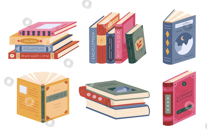Скачать Прекрасный мультяшный набор с изображением библиотеки и книжного магазина. Модная, нарисованная от руки стопка книг ярких цветов, литература, стоящая в ряд, легенды, истории о любви, поэзия. Значок для чтения выделен на белом фоне. фотосток Ozero