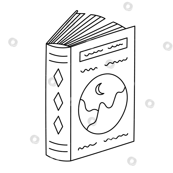 Скачать Прекрасная черно-белая книга с приоткрытой обложкой, на которой изображены луна и горы. Художественная литература, записная книжка, фантастические рассказы, нарисованные от руки. Чтение, знания, каракули книжного червя фотосток Ozero