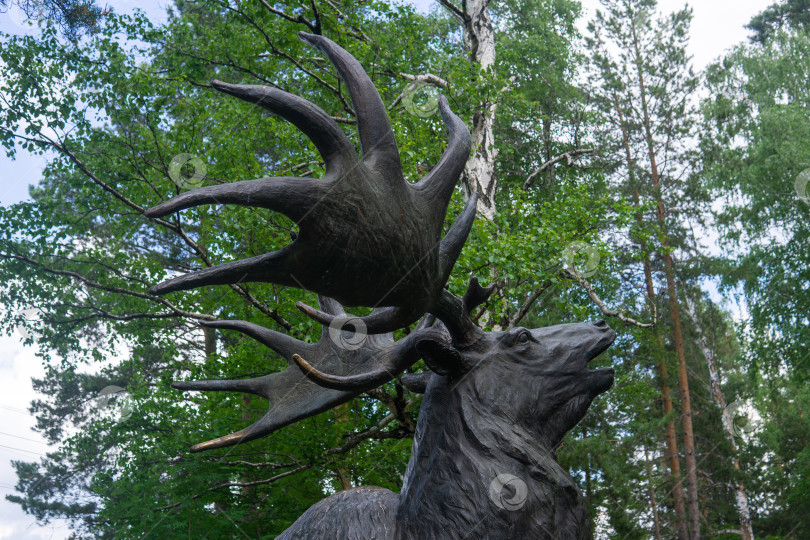 Скачать скульптура вымершего гигантского оленя (Megaloceros giganteus) в парке в солнечный летний день фотосток Ozero