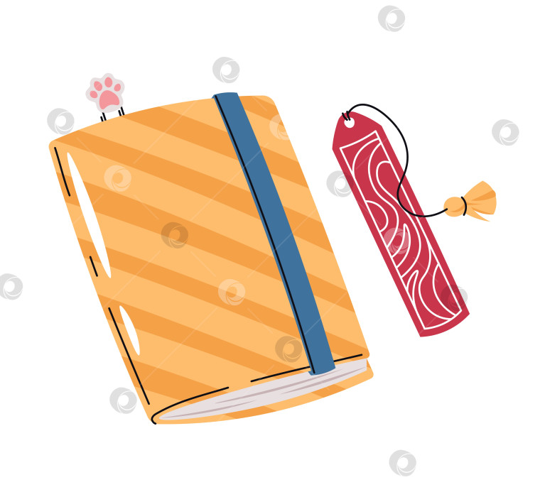 Скачать Книга в желтую полоску с плоской закладкой на белом фоне. Школьная иллюстрация для библиотек и образовательных материалов. Идеально подходит для оформления книжных магазинов, блогов и оформления на литературную тематику фотосток Ozero