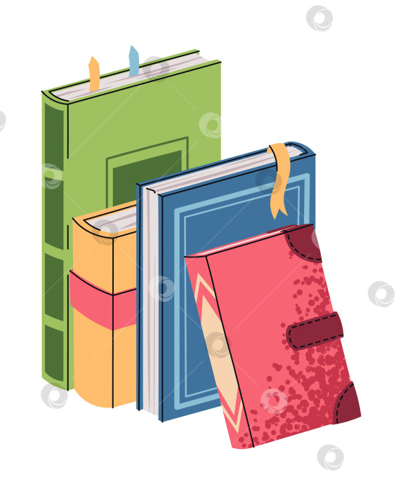 Скачать Стопка книг в плоском стиле на белом фоне. Стопка школьных учебников для тематики образования, кампаний "Назад в школу", оформления библиотек и оформления книжных магазинов. Дизайн плакатов, веб-сайтов фотосток Ozero