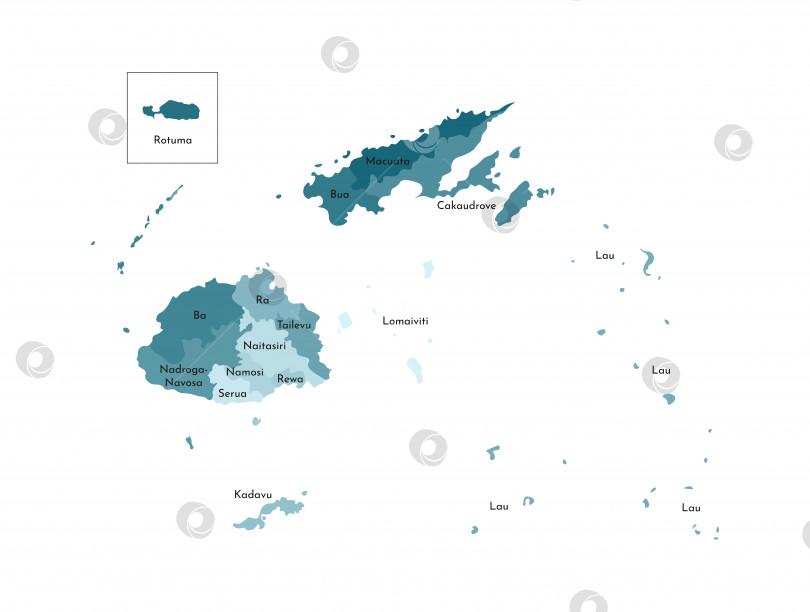 Скачать Векторная изолированная иллюстрация упрощенной административной карты границ Фиджи и названий провинций. Красочные силуэты синего цвета цвета хаки фотосток Ozero