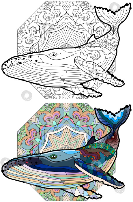Скачать Раскраска "Плавающий кит" для антистрессовой игры. Набор цветов и контуров фотосток Ozero