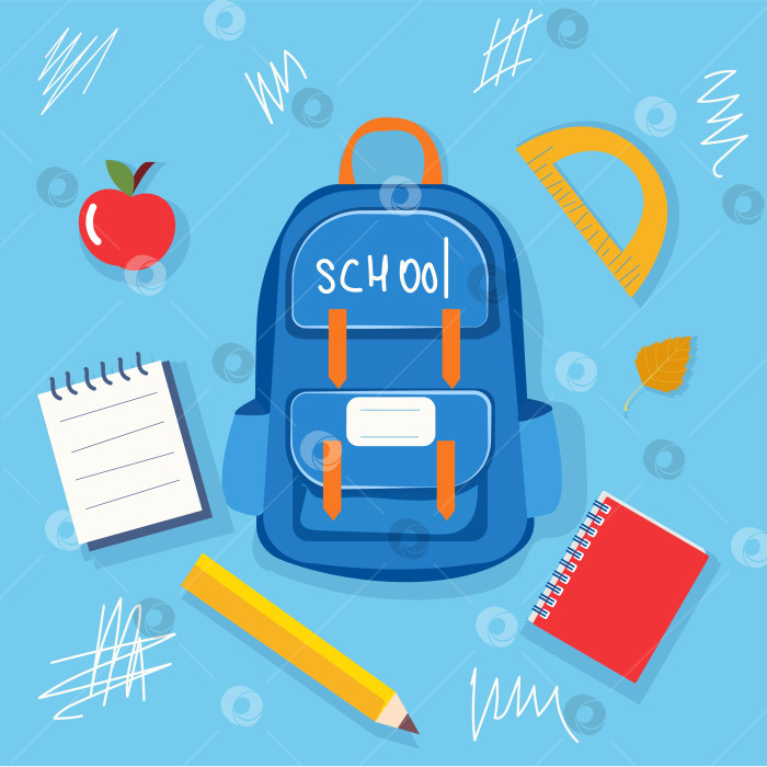 Скачать Ярко-синий рюкзак с надписью school окружен необходимыми канцелярскими принадлежностями, в том числе яблоком, тетрадями, карандашом и транспортиром. Это изображение подчеркивает готовность к школе фотосток Ozero