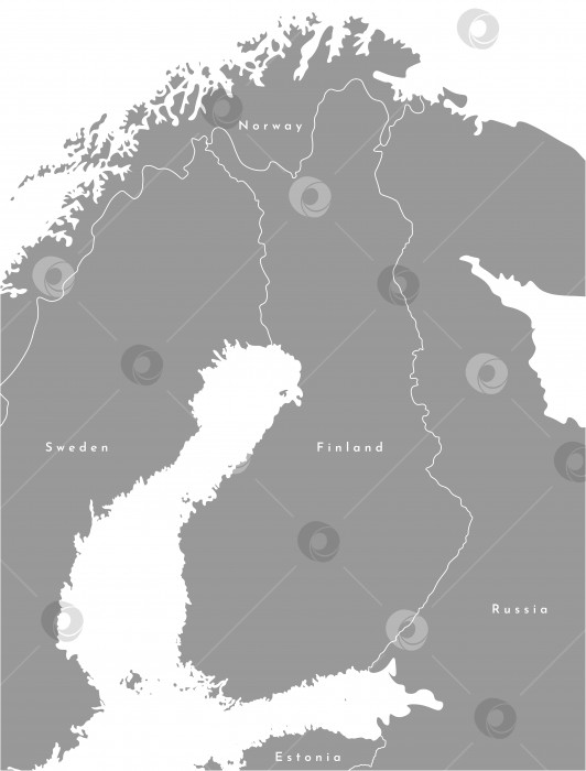 Скачать Векторная современная иллюстрация. На упрощенной политической карте Финляндия находится в центре и граничит со Швецией, Норвегией, Россией. Серый цвет, белый контур фотосток Ozero