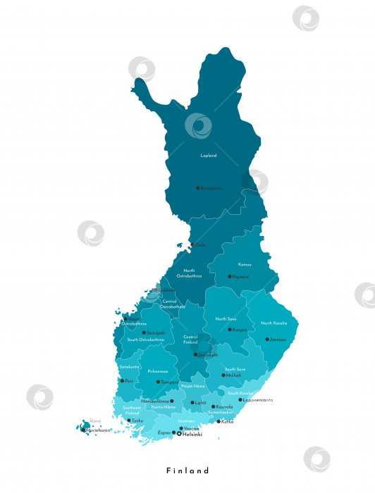 Скачать Векторная изолированная иллюстрация. Упрощенная административная карта Финляндии. Названия крупных финских городов и регионов. Синие цвета. Белый фон. фотосток Ozero