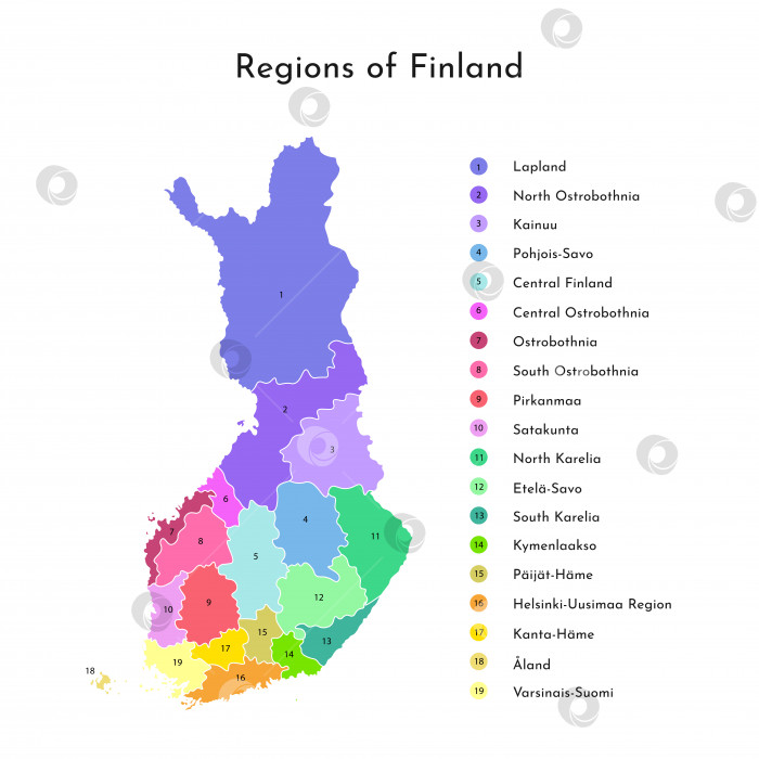 Скачать Красочная векторная изолированная упрощенная карта регионов Финляндии. Границы административных подразделений фотосток Ozero