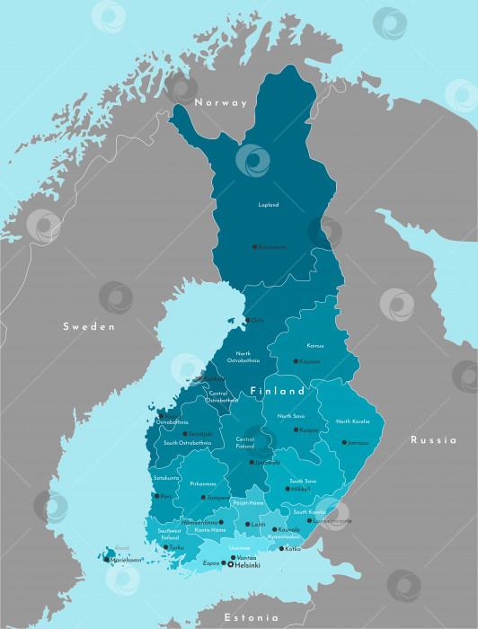Скачать Векторная современная иллюстрация. Упрощенная административная карта Финляндии. Он граничит со Швецией, Норвегией, Россией. Названия финских городов и регионов. Синий и серый цвета фотосток Ozero