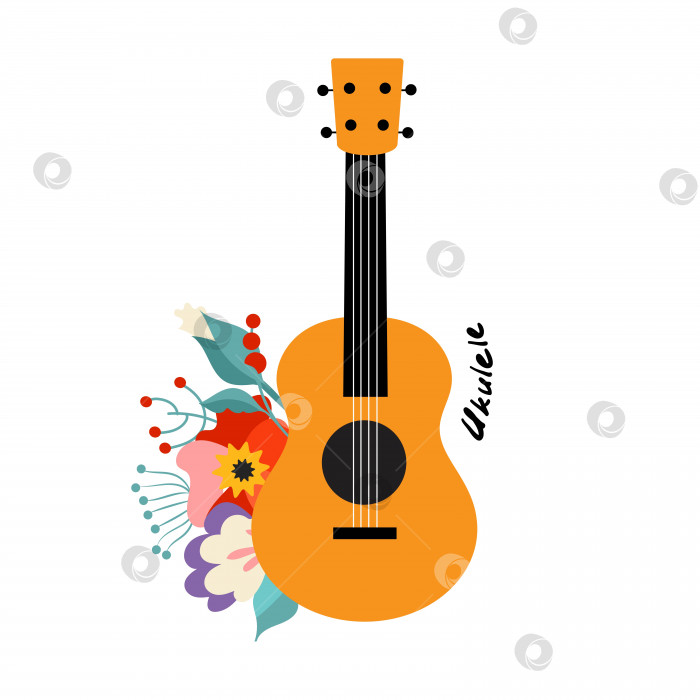 Скачать Маленькая гавайская гитара-укулеле с цветами и листьями. Векторная иллюстрация в стиле ручной работы. фотосток Ozero