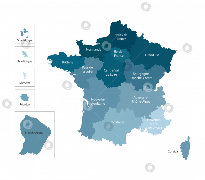 Скачать Векторная изолированная иллюстрация упрощенной административной карты Франции. Границы и названия. Красочные синие силуэты фотосток Ozero