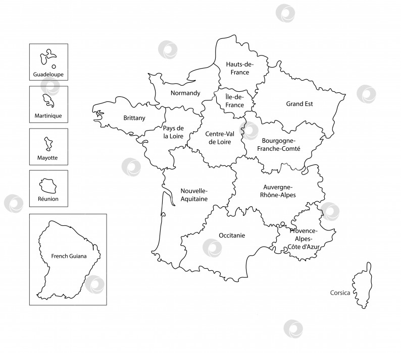 Скачать Векторная изолированная иллюстрация упрощенной административной карты Франции. Черные силуэты линий фотосток Ozero