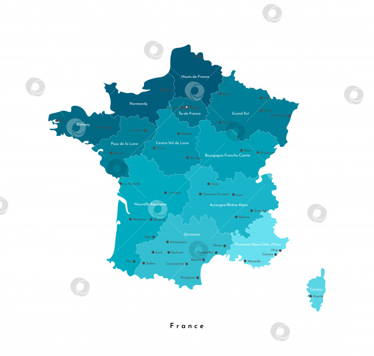 Скачать Векторная изолированная современная иллюстрация. Упрощенная географическая карта Франции (материковый регион). Синяя фигура на белом фоне. Названия крупных французских городов и регионов фотосток Ozero