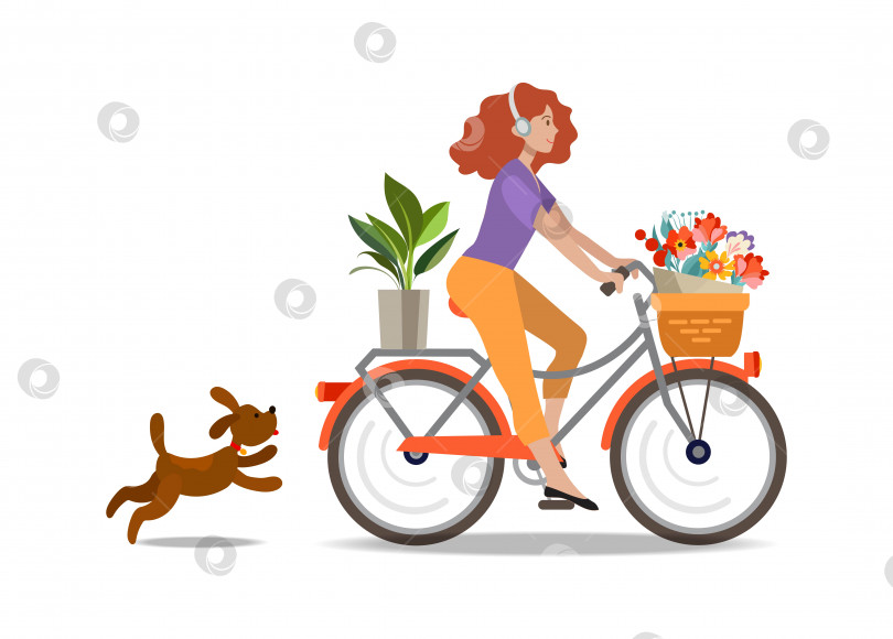 Скачать Девушка с милым щенком и цветами на велосипеде. Иллюстрация в плоском стиле. фотосток Ozero