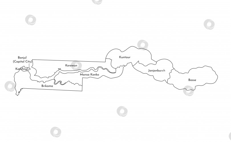 Скачать Векторная изолированная иллюстрация упрощенной административной карты Гамбии. Границы и названия регионов. Черные силуэты линий фотосток Ozero