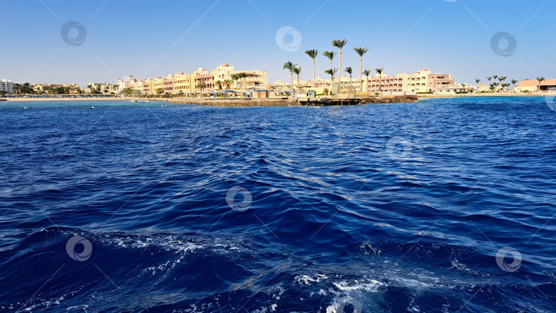 Скачать Яркие океанские волны мягко набегают на безмятежную береговую линию с пальмами и зданиями курорта на заднем плане, создавая спокойную прибрежную атмосферу. Красное море. Хургада. Египет фотосток Ozero