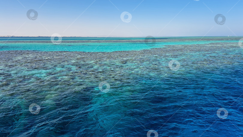 Скачать Яркие бирюзовые воды океана с коралловыми рифами, виднеющимися под поверхностью, демонстрируют красоту морской жизни и спокойный морской пейзаж. Красное море. Хургада. Египет фотосток Ozero