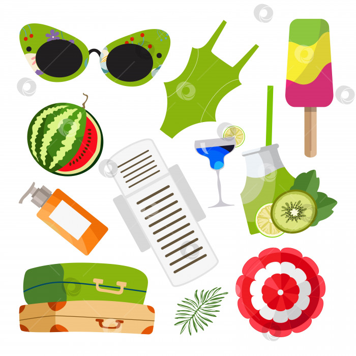 Скачать Векторный набор летних вещей для пляжа и отдыха: купальник, зонтик, очки. Иллюстрация в плоском стиле. фотосток Ozero