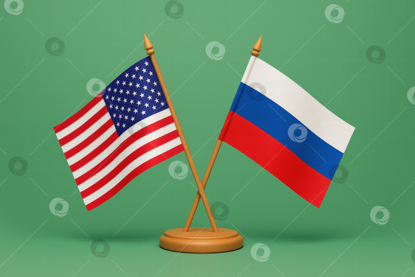 Скачать Флаги США и России на зелёном фоне, перекрещенные на деревянной подставке фотосток Ozero