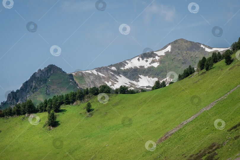 Скачать пейзаж с залитым солнцем диагональным зеленым склоном горы фотосток Ozero
