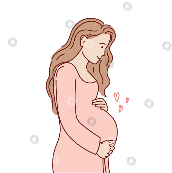 Скачать Улыбающаяся молодая женщина дотрагивается до своего живота. Концепция материнства. Векторная иллюстрация. фотосток Ozero