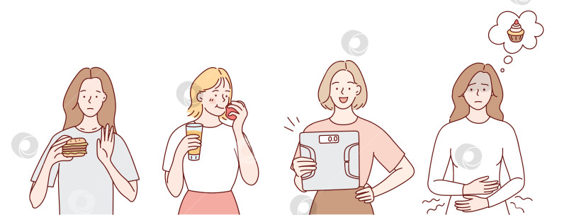 Скачать Счастливая девушка на диете. Правильное питание. Векторная иллюстрация в мультяшном стиле. фотосток Ozero
