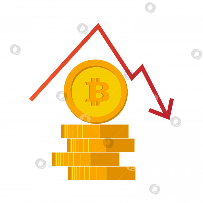 Скачать Падение биткоина. Стопка монет с логотипом биткоина и нисходящим трендом. Векторная иллюстрация, изолированная на белом фоне. фотосток Ozero