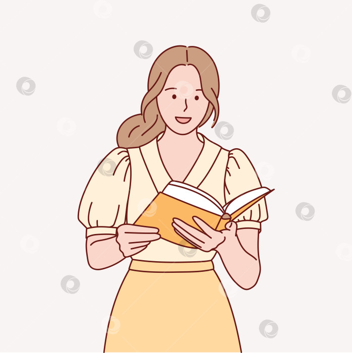 Скачать Девушка держит в руках книгу. Студентка учится и готовится к экзаменам. Рисованная иллюстрация. фотосток Ozero