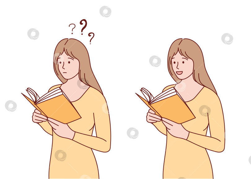 Скачать Девушка держит в руках книгу. Студентка учится и готовится к экзаменам. Рисованная иллюстрация. фотосток Ozero