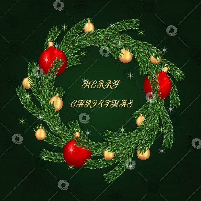 Скачать Рождественский венок из натуралистичных сосновых веток, украшенный золотыми и красными шариками. фотосток Ozero
