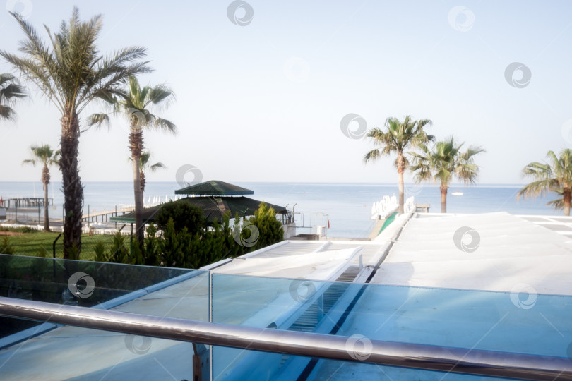 Скачать с балкона открывается вид на море.пальмы, пляж. Концепция отдыха фотосток Ozero