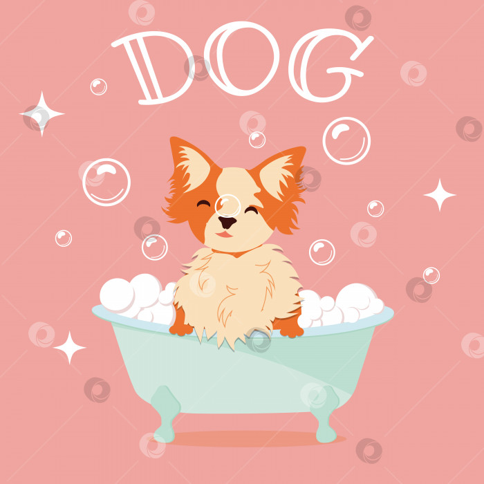 Скачать Векторная мультяшная иллюстрация милой собачки, принимающей ванну, полную мыльной пены. Концепция ухода. фотосток Ozero