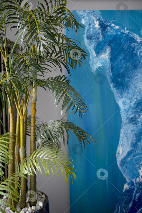 Скачать домашнее растение с толстым стеблем и пальмовыми листьями на синем фоне фотосток Ozero