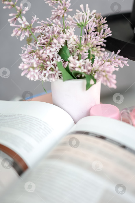 Скачать Букет сирени. На заднем плане - книга. расположение. Место для надписи фотосток Ozero