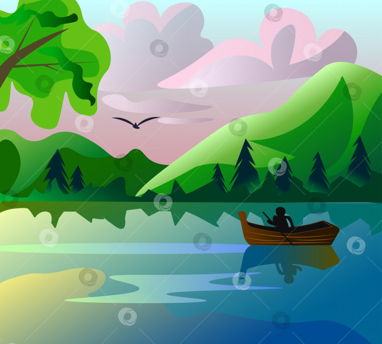 Скачать векторный пейзаж озера с лодкой фотосток Ozero